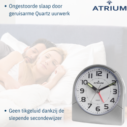 ATRIUM Alarmclock - Analogue - Silver - Clear - Build-up Alarmsound - Snooze - No ticking sound