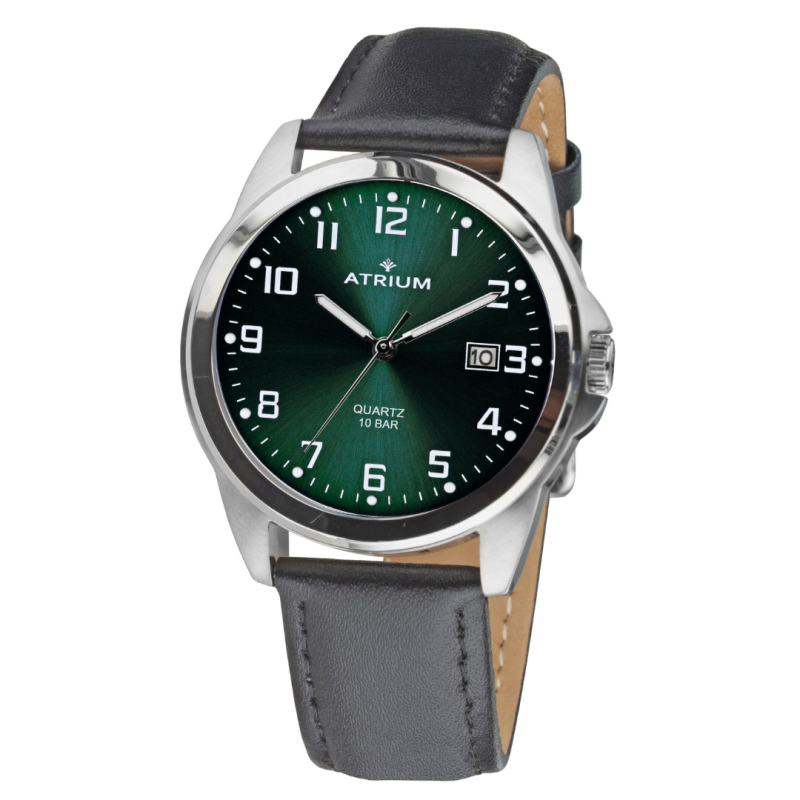 ATRIUM Horloge - Heren - Leer Zwart - Wijzerblad donker Groen - Datum - Edelstaal - 10 bar - A16-16