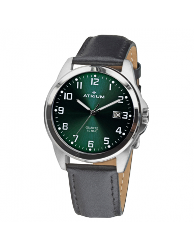 ATRIUM Watch - Men - Black Leather Strap - Dark Green Dail - Date - Stainless Steel - 10 bar - A16-16