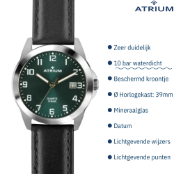 ATRIUM Watch - Men - Stainless Steel - 10 Bar - Analogue - Black Leather Strap - Dark Green Dail - Date