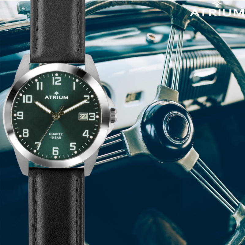 ATRIUM Watch - Men - Stainless Steel - 10 Bar - Analogue - Black Leather Strap - Dark Green Dail - Date