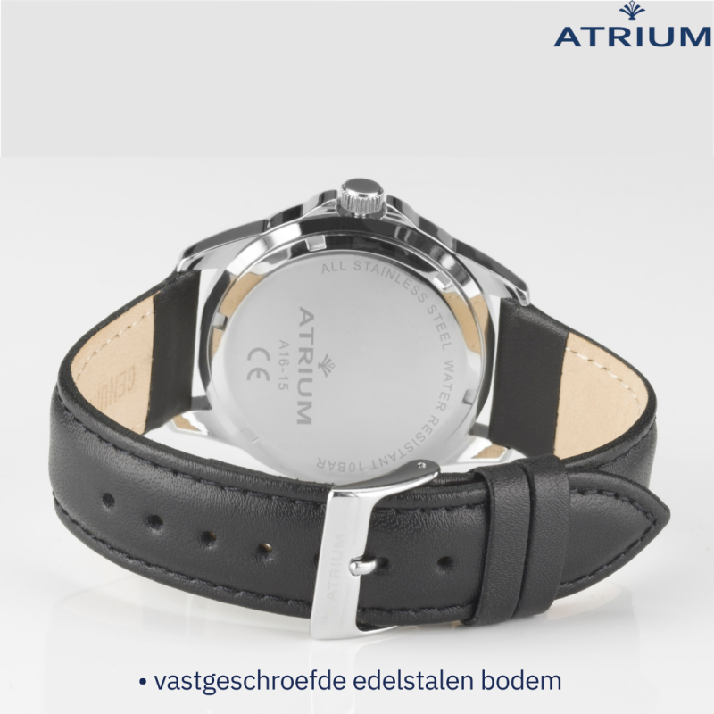 ATRIUM Watch - Men - Stainless Steel - 10 Bar - Analogue - Black Leather Strap - Dark Green Dail - Date