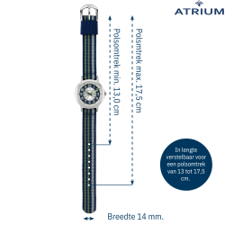 ATRIUM Horloge - Kinderen - Jongens - Blauw & Groen & Grijs - Analoog - 3 Bar - Leercijferblad - Nylonband