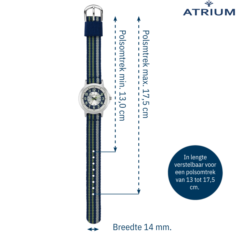 ATRIUM Horloge - Kinderen - Jongens - Blauw & Groen & Grijs - Analoog - 3 Bar - Leercijferblad - Nylonband - A50-11