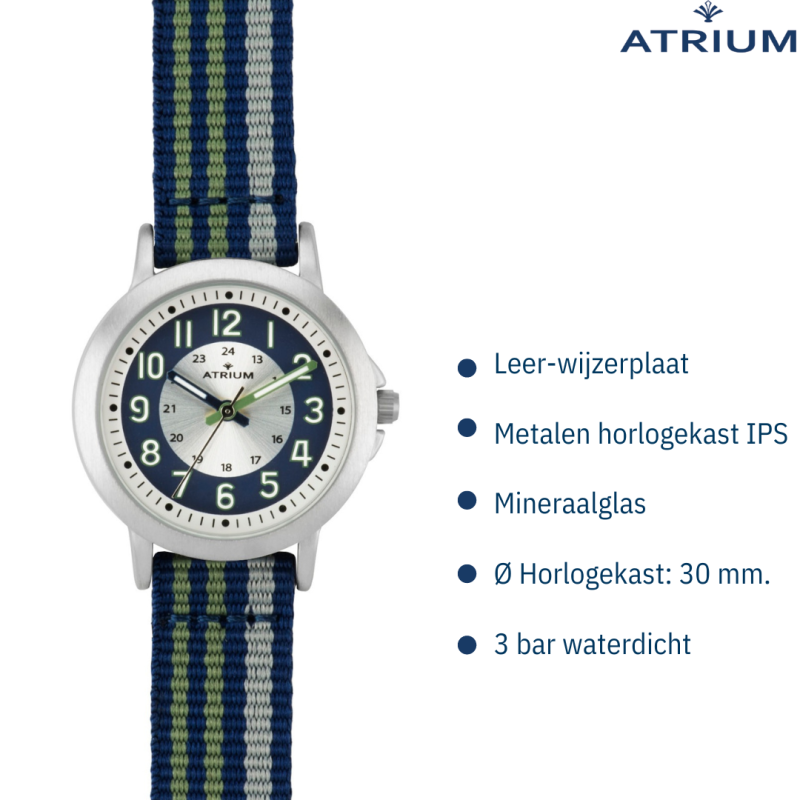 ATRIUM Horloge - Kinderen - Jongens - Blauw & Groen & Grijs - Analoog - 3 Bar - Leercijferblad - Nylonband - A50-11