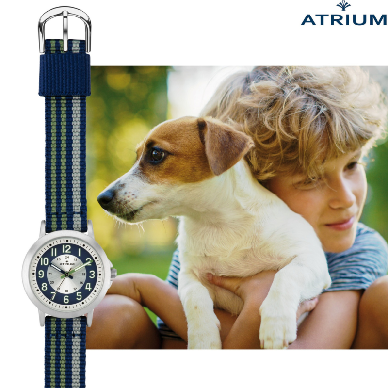 ATRIUM Horloge - Kinderen - Jongens - Blauw & Groen & Grijs - Analoog - 3 Bar - Leercijferblad - Nylonband