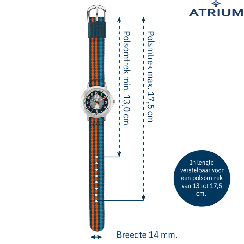ATRIUM Horloge - Kinderen - Jongens - Blauw & Oranje & Fel Blauw - Analoog - 3 Bar - Leercijferblad - Nylonband - A50-12