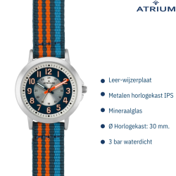 ATRIUM Horloge - Kinderen - Jongens - Blauw & Oranje & Fel Blauw - Analoog - 3 Bar - Leercijferblad - Nylonband - A50-12