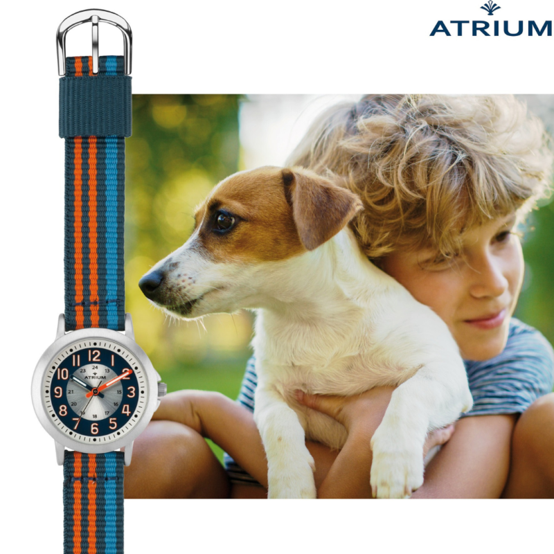 ATRIUM Uhr - Kinder - Jungen - Blau & Orange & Hellblau - Analog - 3 Bar - Lernzifferblatt - Nylonband - A50-12