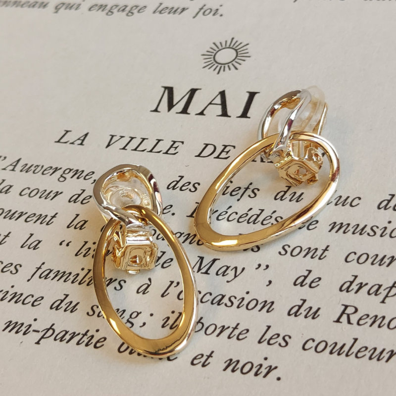 Traveller Clip-on Earrings - Drop Earrings - Platinum & 22ct Gold plated - Double Hoop - Bicolour - 33x14 mm