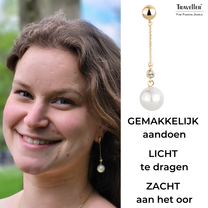 Traveller Clip Oorbellen - Hangers - Goudkleurig - Parels - 12 mm - Wit - Preciosa Kristallen - Verguld - 53x12 mm