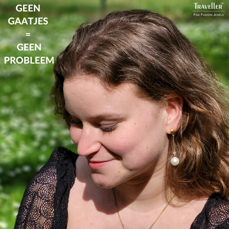 Traveller Clip Oorbellen - Hangers - Goudkleurig - Parels - 12 mm - Wit - Preciosa Kristallen - Verguld - 53x12 mm - 114139