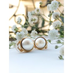 Traveller Clip Oorbellen - Parels - 16 mm - Wit - Goudkleurig - 22kt Verguld