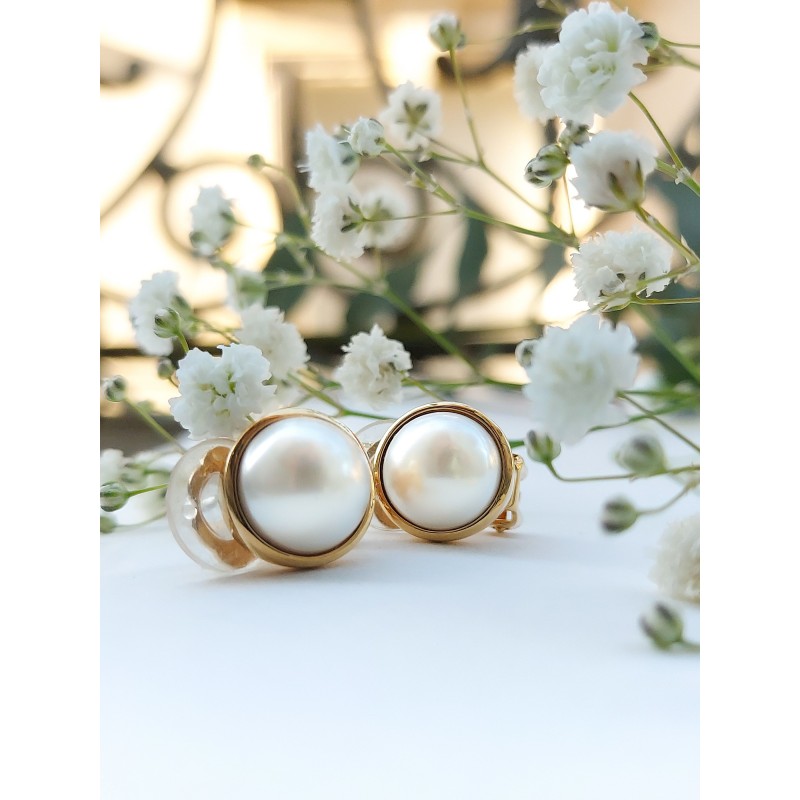 Traveller Clip Oorbellen - Parels - 16 mm - Wit - Goudkleurig - 22kt Verguld