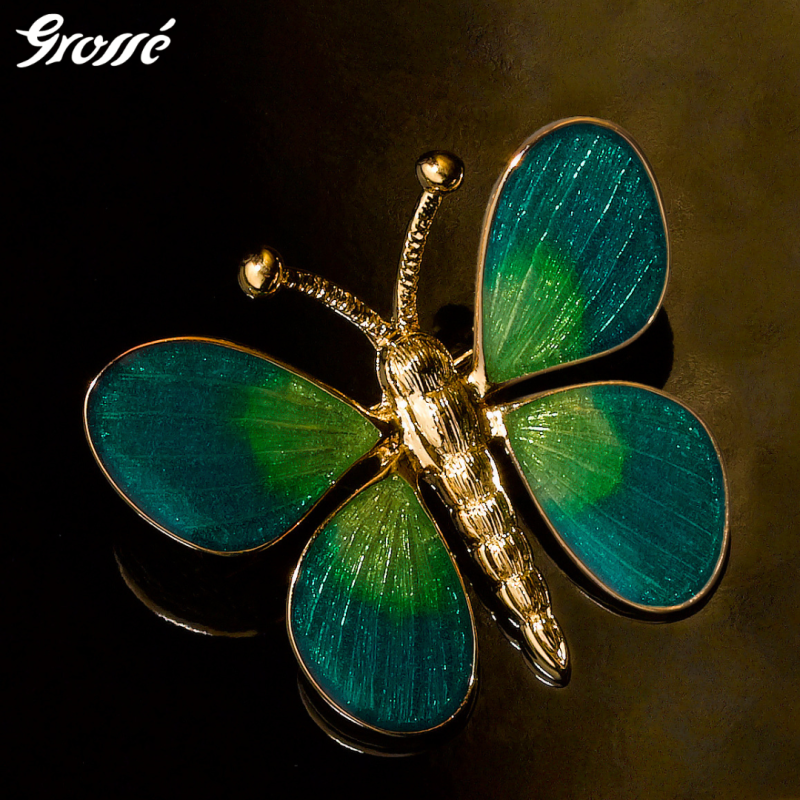 Grossé Broche Dames - Golden Age - Vintage - Goudkleurig - Groen / Blauw Emaillen - Verguld - 32x29 mm - GJ30183