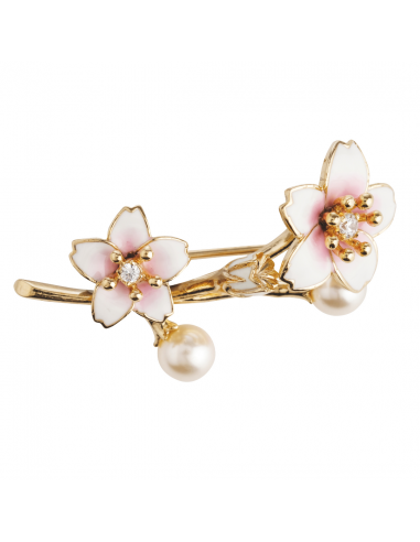 Grossé Brooch - Sakura - Gold Coloured - Cherry Blossom - White Pearl - Zirconia - Gold Plated - Enamel Leaves - GJ30441