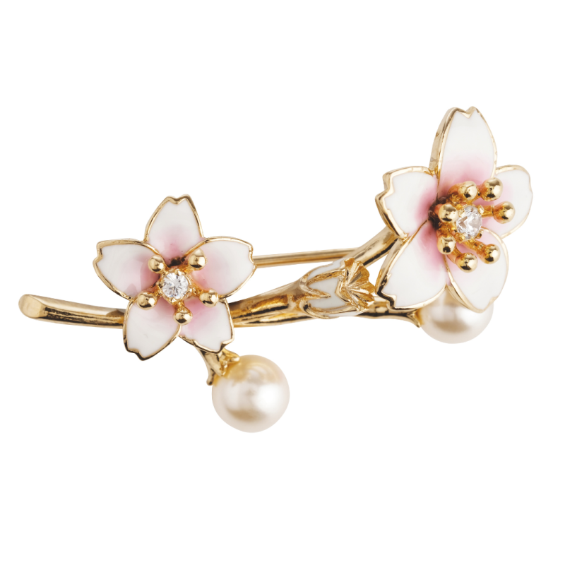 Grossé Brosche - Sakura - Gold - Kirschblüte - Perle - Weiß - Zirkonia - Vergoldet - Emaille Blätter - GJ30441