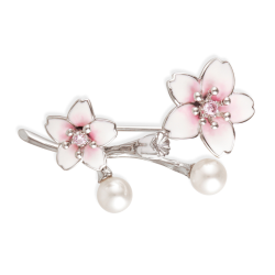 Grossé Brosche - Sakura - Platiniert - Kirschblüte - Weiße Perle - Zirkonia -  Emaillierte Blütenblätter - GJ30534P