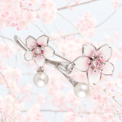 Grossé Brooch - Sakura - Platinum Plated - Cherry Blossom - White Pearl - Zirconia - Enamel Leaves