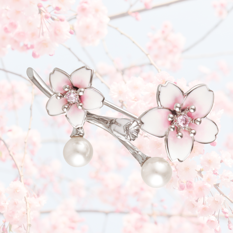 Grossé Brooch - Sakura - Platinum Plated - Cherry Blossom - White Pearl - Zirconia - Enamel Leaves - GJ30534P