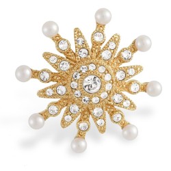 Grossé Brooch - Celestial - Gold Coloured - Sun / Star - Pearls - White - Crystals - Gold Plated - Ø 3 cm - GJ30562