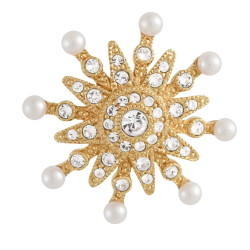 Grossé Brosche - Celestial - Goldfarbe - Sonne / Stern - Perlen - Weiß - Kristalle - Vergoldet - Ø 3 cm