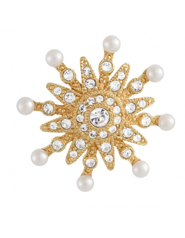 Grossé Brooch - Celestial - Gold Coloured - Sun / Star - Pearls - White - Crystals - Gold Plated - Ø 3 cm - GJ30562
