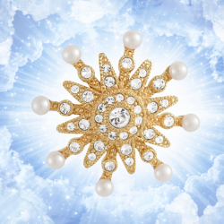 Grossé Brosche - Celestial - Goldfarbe - Sonne / Stern - Perlen - Weiß - Kristalle - Vergoldet - Ø 3 cm