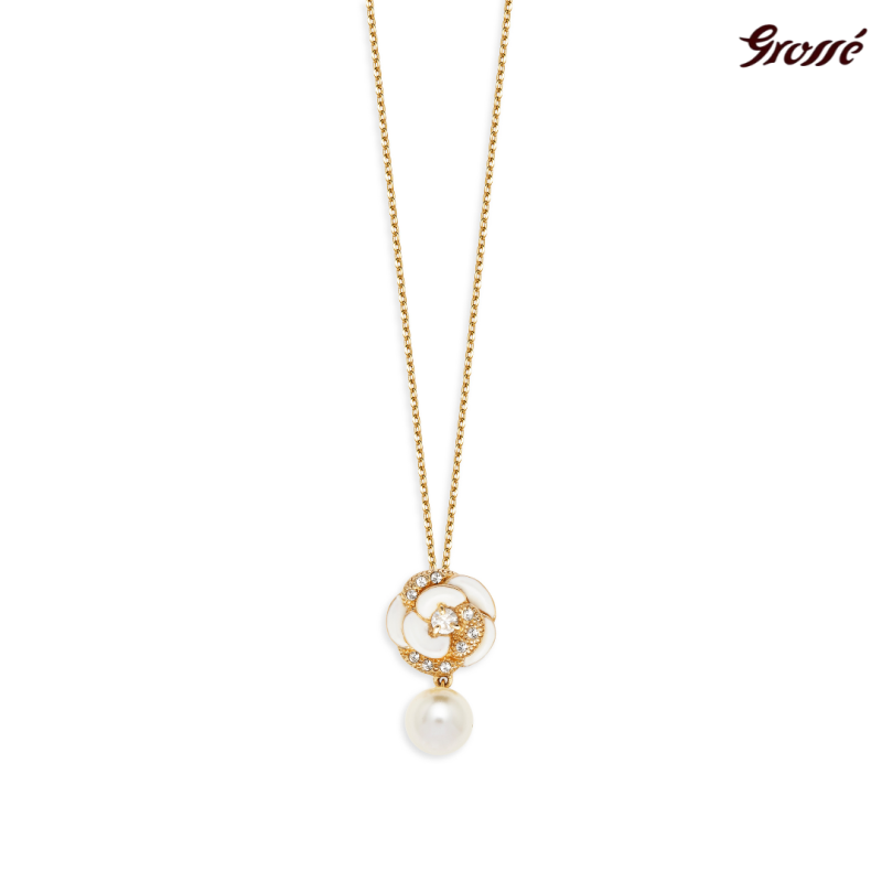 Grossé Necklace - Blanc Camelia - Gold Coloured - Pearl - Cream - Crystals - Gold Plated - 38+5 cm - GJ24687