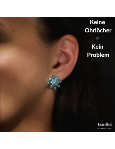 Traveller Ohrclip - Silberfarben - Kristalle - Blau - Blume - Platiniert - 17 mm - 157547
