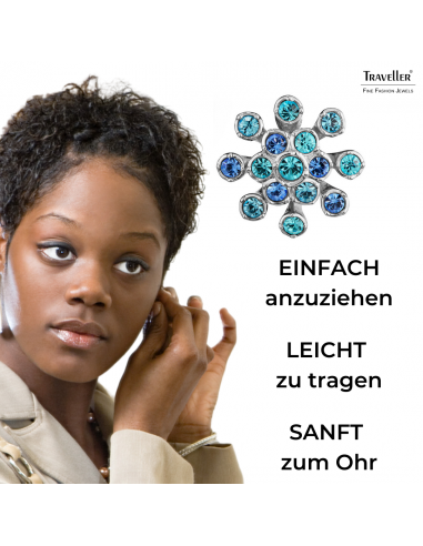 Traveller Ohrclip - Silberfarben - Kristalle - Blau - Blume - Platiniert - 17 mm - 157547
