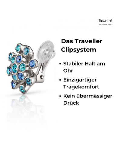Traveller Ohrclip - Silberfarben - Kristalle - Blau - Blume - Platiniert - 17 mm - 157547
