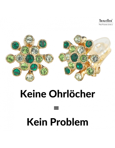 Traveller Ohrclip - Vergoldet - Kristalle - Grün - Blume - 17 mm - 157548