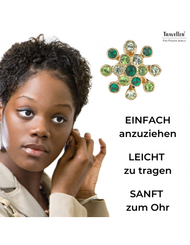Traveller Ohrclip - Vergoldet - Kristalle - Grün - Blume - 17 mm - 157548