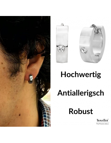 Traveller Creolen - Herren - Edelstahl - Zirkonia - Silberfarbe - 13 mm -181259