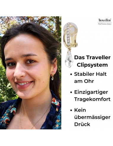 Traveller Ohrclips - Hänger - Goldfarbe - Preciosa Kristalle - Tropfen - 22kt vergoldet - 30x5 mm - 157565