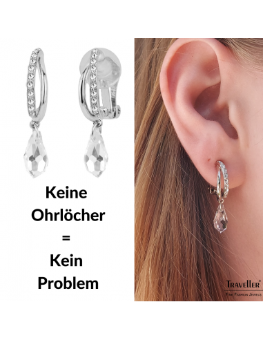 Traveller Ohrclip - Hänger - Silberfarben - Kristallen - Tropfen - Platiniert - 30x5mm - 157566
