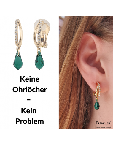 Traveller Ohrclips - Hänger - Vergoldet - Kristalle - Grün - Tropfen - 30x5 mm - 157567