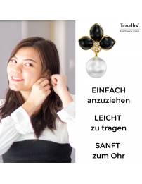 Traveller Ohrclip - Hänger - Vergoldet - Perle - 10mm - Weiß - Kristalle - Email Schwarz - 26x18 mm - 114260