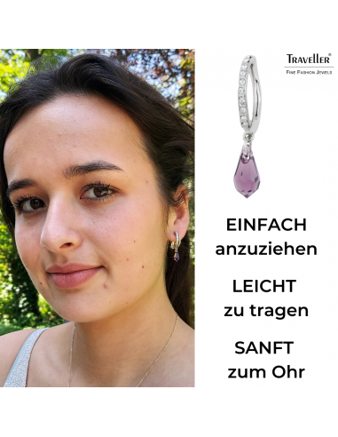 Traveller Ohrclip - Hänger - Silberfarben - Kristalle - Tropfen - Violett - Platiniert - 30x5mm - 157568