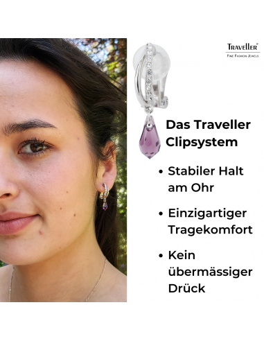 Traveller Ohrclip - Hänger - Silberfarben - Kristalle - Tropfen - Violett - Platiniert - 30x5mm - 157568