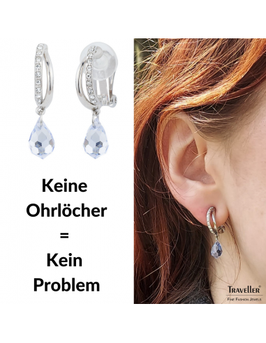 Traveller Ohrclip - Hänger - Platiniert - Kristalle - Tropfen - Hellblau / Hellsaphir - 30x5mm - 157570