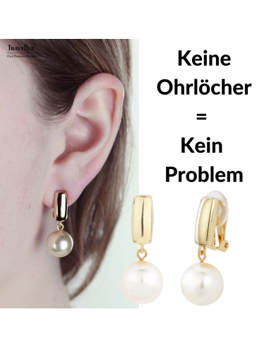 Traveller Ohrclip - Perle - Hänger - 12 mm - Creme - 22kt Vergoldet - Goldfarbe - 30x12 mm - 113718