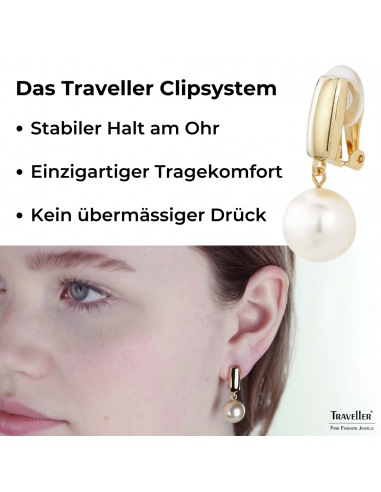 Traveller Ohrclip - Perle - Hänger - 12 mm - Creme - 22kt Vergoldet - Goldfarbe - 30x12 mm - 113718