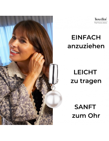Traveller Ohrclips - Perle - Hänger - 12 mm - Weiß - Platiniert - Silberfarbe - 30x12 mm - 113719