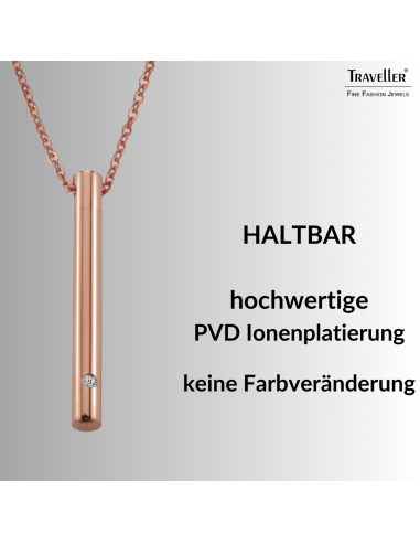 Traveller Collier mit Urnenanhänger - Aschenanhänger - 45mm - Rosé Vergoldet - Edelstahl - Zirkonia - 45-50cm - 181140