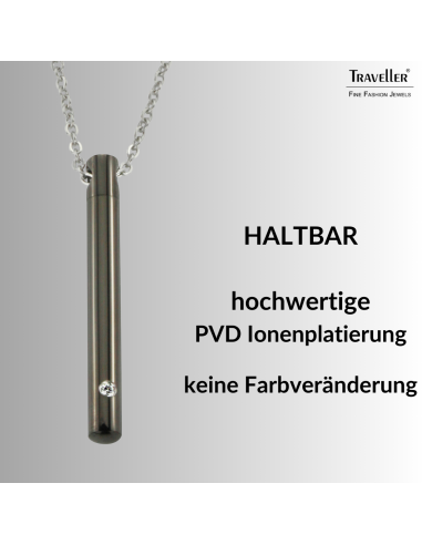 Traveller Collier mit Urnenanhänger - Aschenanhänger - 45mm - Schwarz - Edelstahl - Zirkonia - 45-50cm - 181141