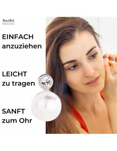 Traveller Ohrclip - Perle - 10 mm - Weiß - Preciosa Kristalle - Platiniert - Silberfarbe - 15x10 mm - 113880