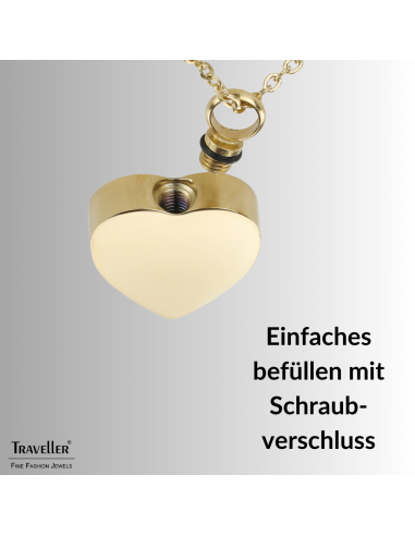Traveller Collier mit Urnenanhänger - Aschenanhänger - 2x2cm - Goldfarbe - Herz - Edelstahl - 45-50cm - 181174