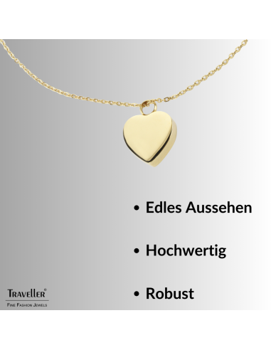 Traveller Collier mit Urnenanhänger - Aschenanhänger - 2x2cm - Goldfarbe - Herz - Edelstahl - 45-50cm - 181174